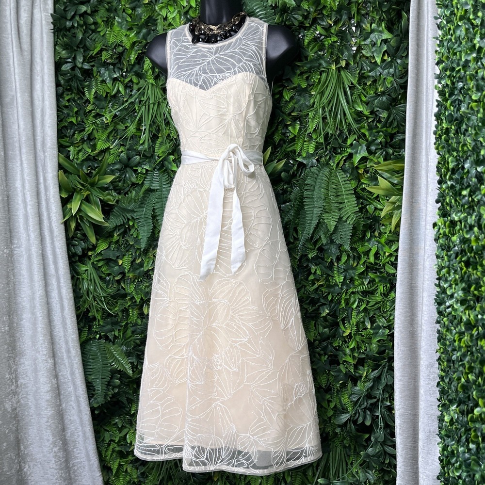 BCBGMAXAZRIA Dress Embroidered 6 Beige Organza Women Midi Gown $428 NWT 1894 - Picture 2 of 14